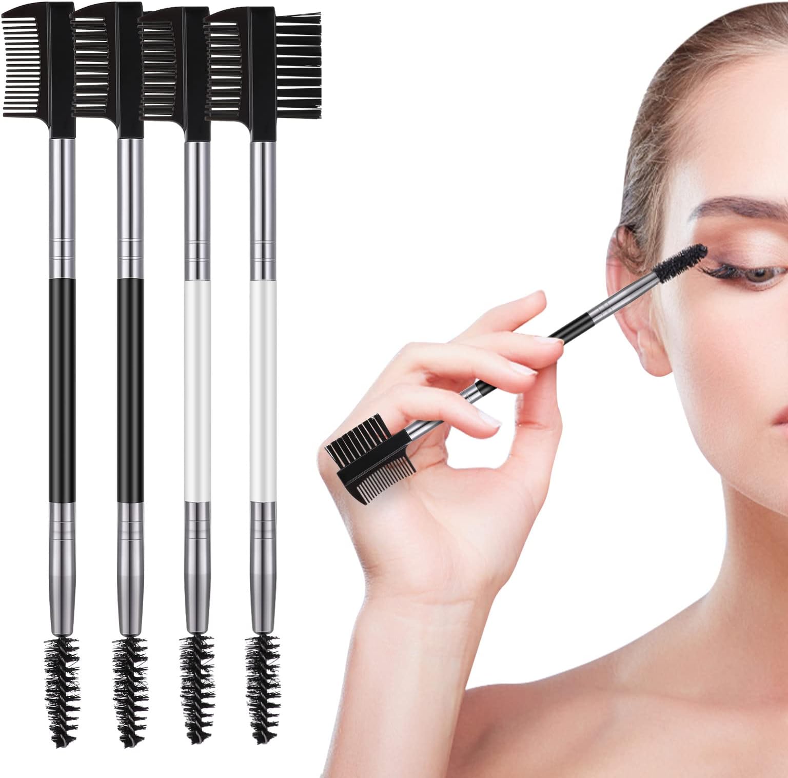 Cobee Eyebrow Eyelash Shaper, Eyebrow Brush Comb Eyelash Separator Tool with 3 Different Spoolie Brushes for Women Girls Separating Lashes Eliminating Mascara Clumps Grooming Brows(Black+White-4pcs)