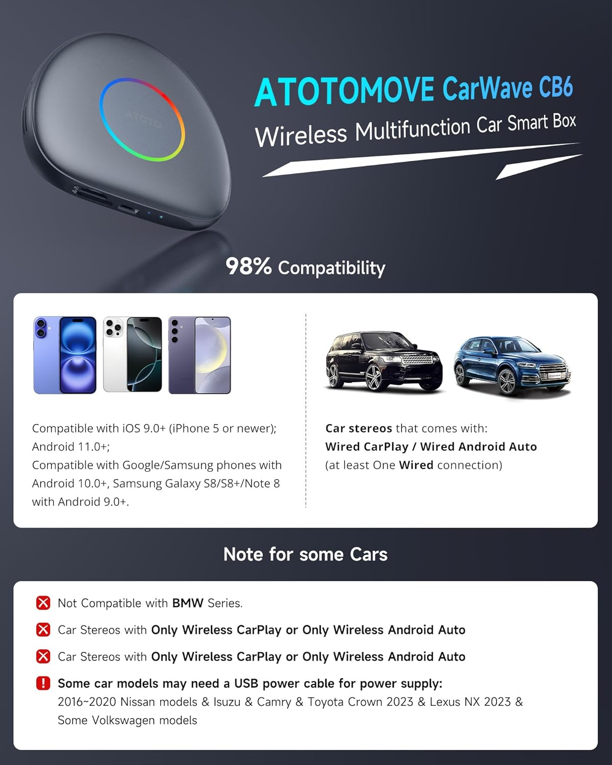 Compatibility chart for ATOTOMOVE CarWave CB6 showing supported phone OS versions and car stereo types.