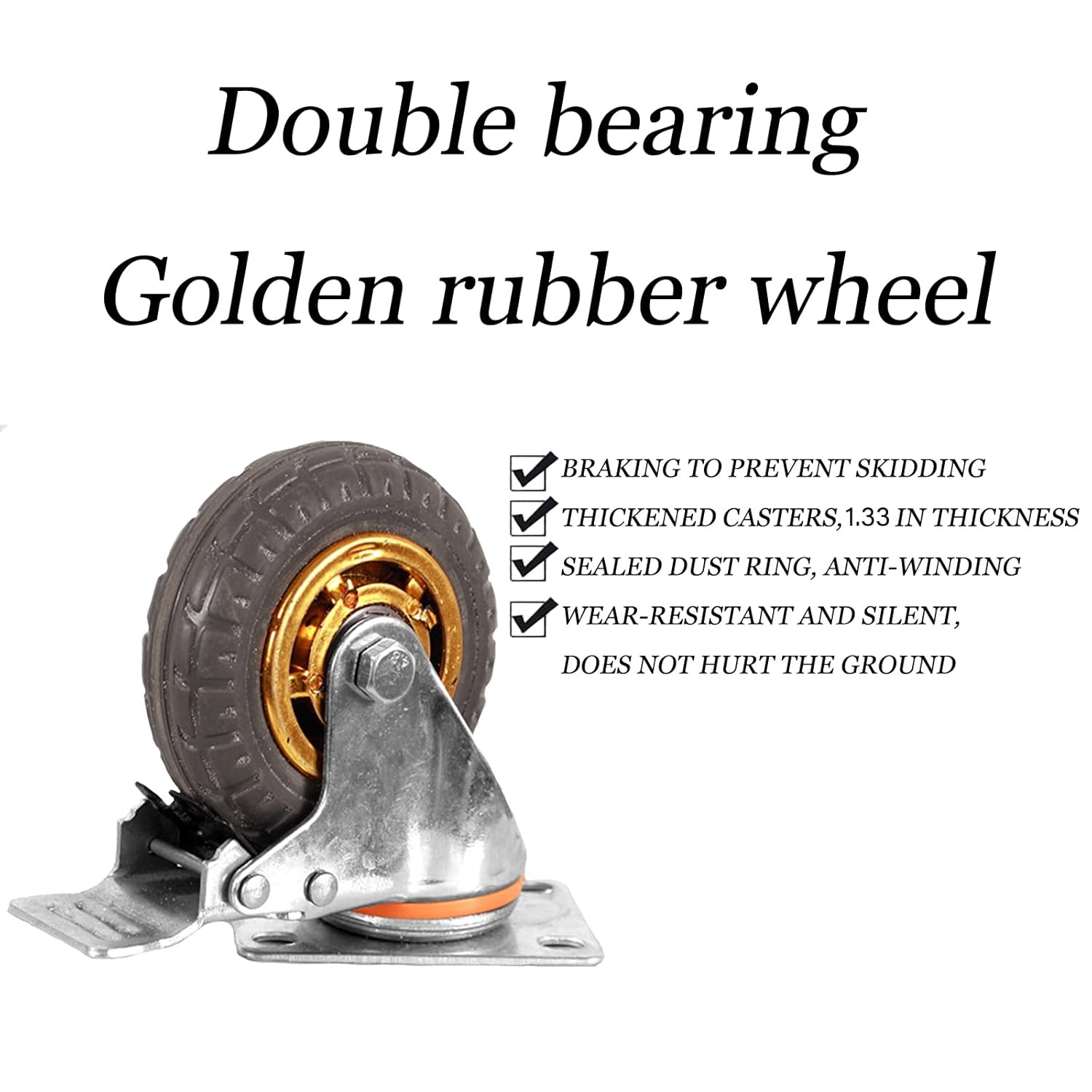 4 inch Caster Wheels Heavy Duty casters Set of 4,Rubber Swivel Caster Quiet Anti-Skid with Brake 360 Degree Double Ball Bearing Castors(2PCS Fixed Caster Wheels 2PCS Swivel Casters with Brake)