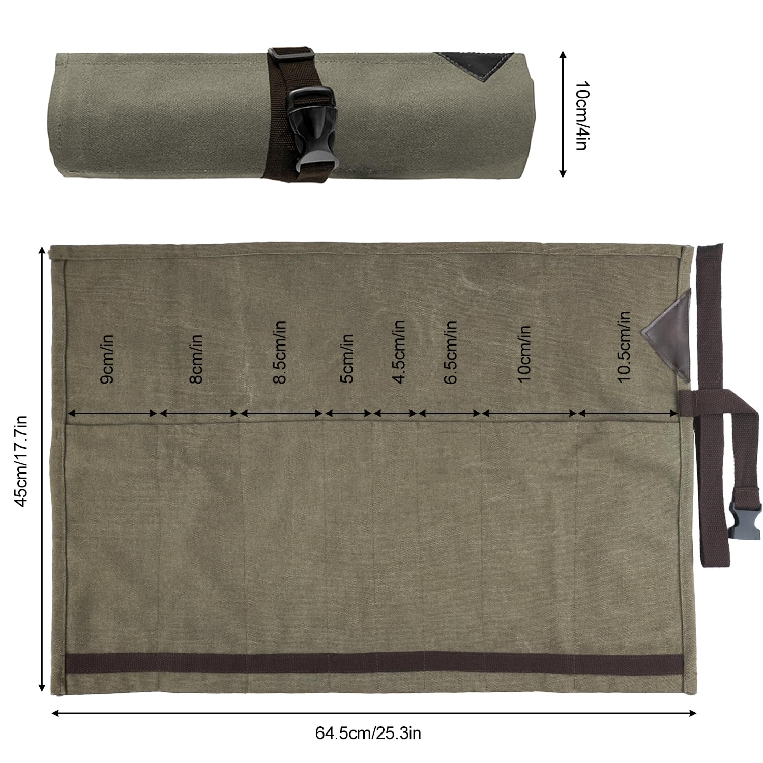 Borsa Coltelli Chef, Custodia Pieghevole a Rullo, 8 Scomparti, Contiene Coltelli fino a 10 cm, Chiusura con Cordino Avvolgente, Ldeale per Campeggio, Picnic, Cucina, ecc