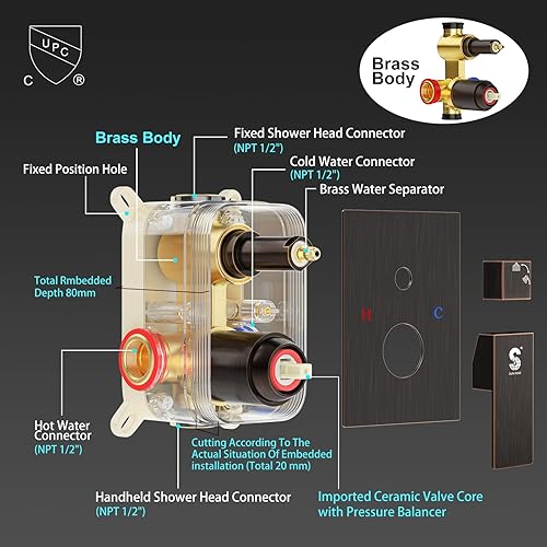 Miniatura 31 de SR SUN RISE Grifo de ducha de barra deslizante de 12 pulgadas, cabezales de ducha de alta presión de lujo y rociador de mano, sistema de ducha Mate