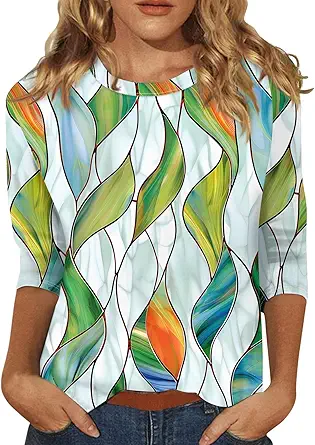 HTHLVMD Womens 3/4 Length Sleeve Tops 2025 Fall Fashion Floral Print Crewneck Causal Trendy Tunic Tops for Women