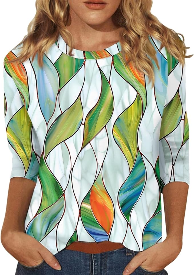 HTHLVMD Womens 3/4 Length Sleeve Tops 2025 Fall Fashion Floral Print Crewneck Causal Trendy Tunic Tops for Women