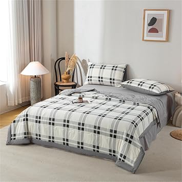 Highdi Reversible Bed Throws Quilted Bedspreads,Fashion Plaid Texture Patchwork Quilt Comforter Single Double,Cotton Throw Summer Quilt,Quilted Blanket for Seasons (Gray,110x150cm)