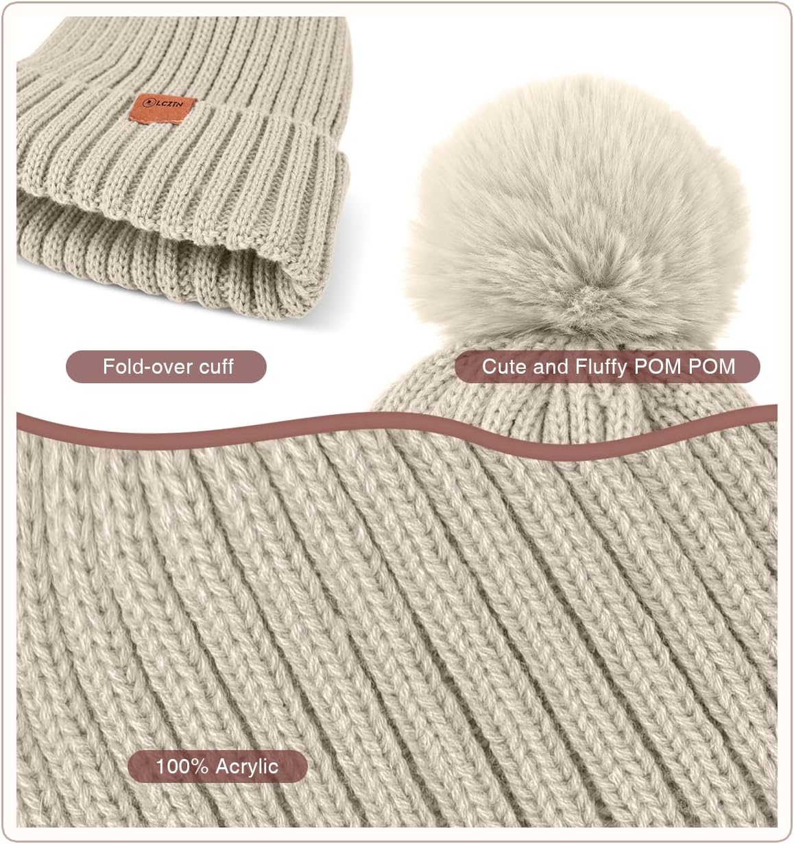 Womens Winter Beanie Hat Gloves Set,Fleece Lined Warm Knit Pom Pom Ski Hat Touchscreen Gloves Set Gifts for Cold Weather - Image 4