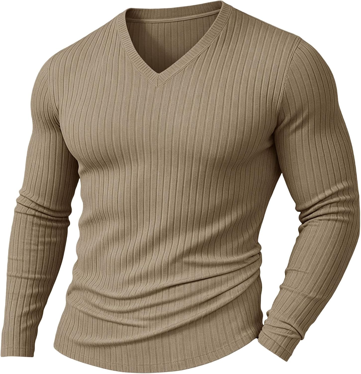 Men's Casual V Neck Shirt Brushed Rib Long Sleeve Slim Fit Pullover