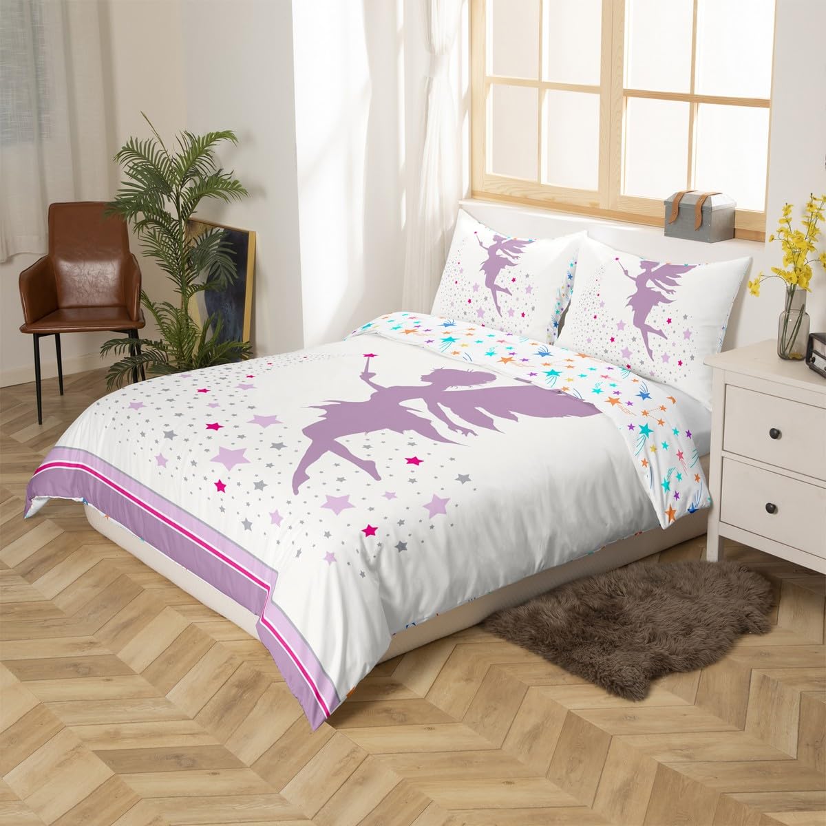 Homewish Fairy Girl Single Duvet Cover Set Lilac Purple and Grey Stars Toddler Bedding Set for Kids Girls Teens Elegant Fairy Quilt Cover White Violet Bed Sets - Image 2