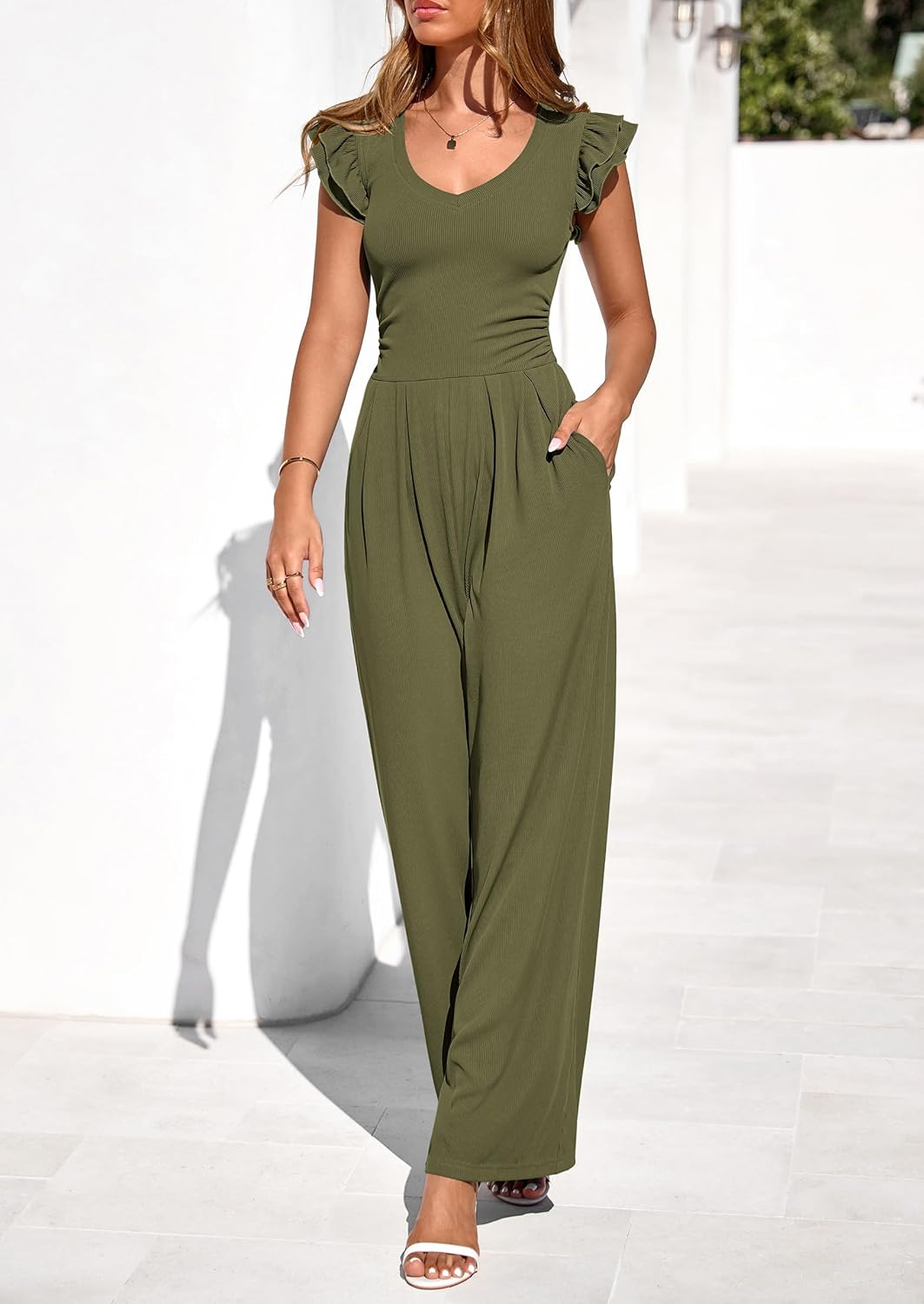 PRETTYGARDEN One Piece Jumpsuits For Women Dressy Ruffle Cap Sleeve V Neck Ribbed Knit Wide Leg Romper Casual Spring Outfits - Image 3