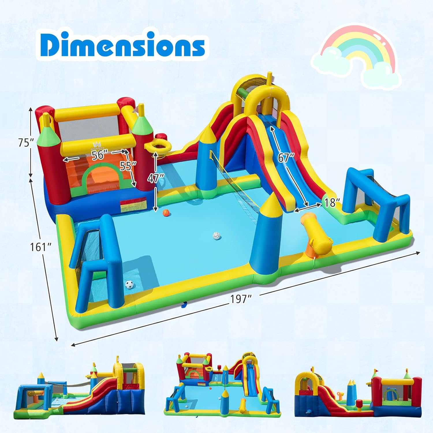BOUNTECH Inflatable Water Slide Park, 9-in-1 Water Jump Castle with Bounce House, Football Goals, Volleyball, 680W Air Blower, Blow up Water Slides Inflatable for Big Kids 3-12 Backyard Party Gifts