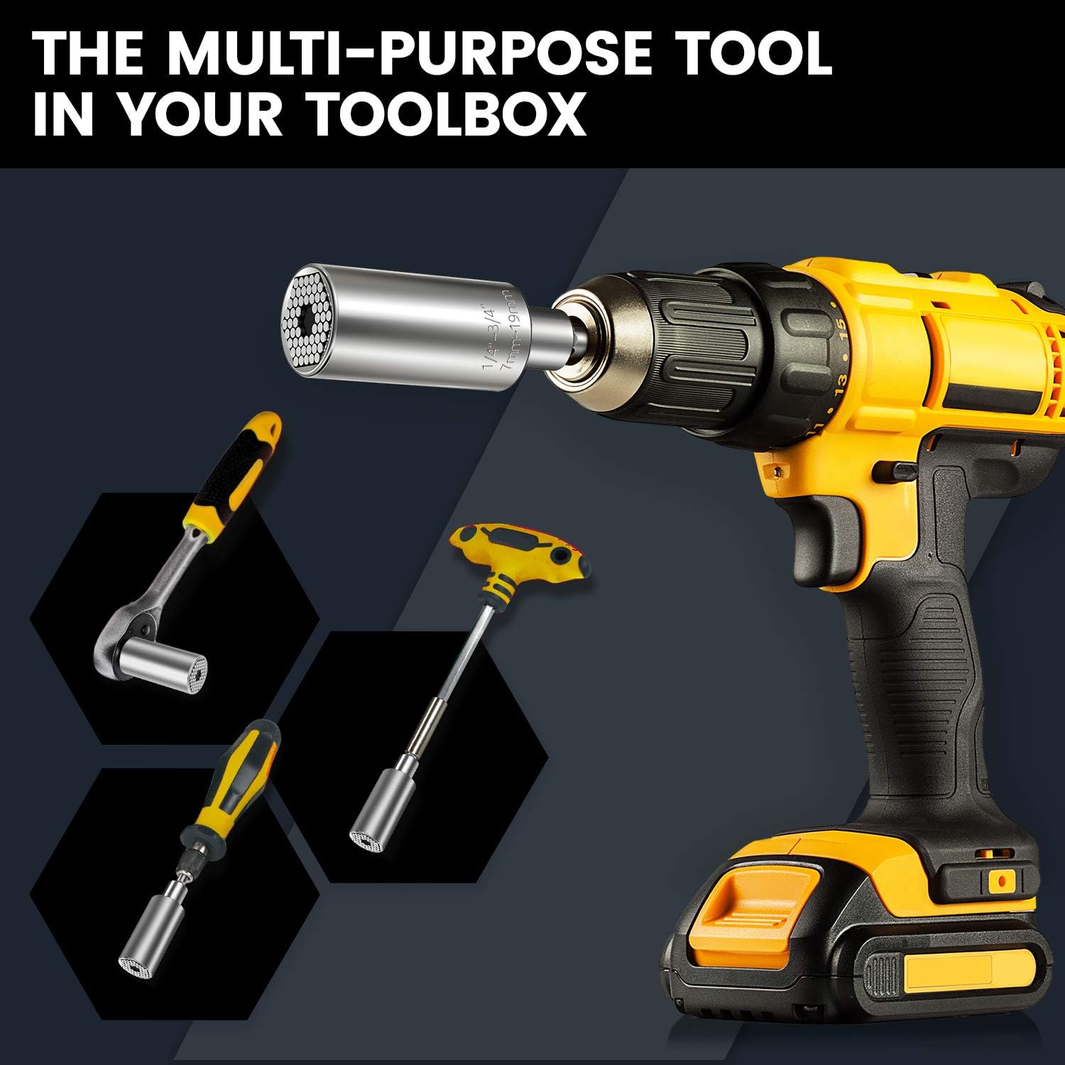 Universal Socket, Self-adjusting Universal Socket Wrench with 360° Rotatable Power Drill Adapter, Metric 7mm-19mm Universal Socket Tool Sets Birthday Gift for Dad, Handyman, Father, Husband, Him