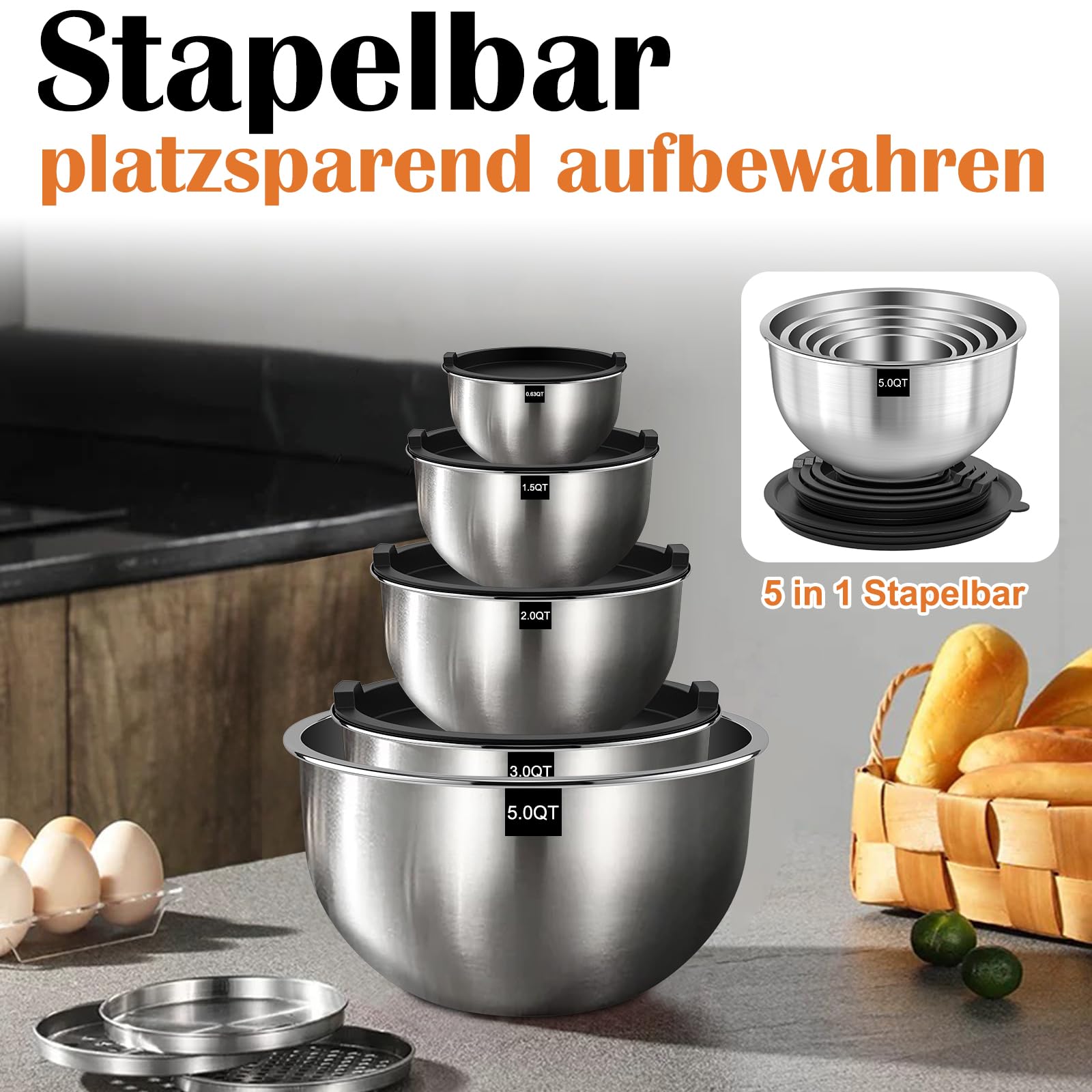 Terlulu Lot de 5 saladiers en acier inoxydable avec couvercle, 4,7 l/2,8 l/1,9 l/1,4 l/0,6 l, pour cuisine/pâtisserie/rangement, empilables et passent au lave-vaisselle, avec râpe