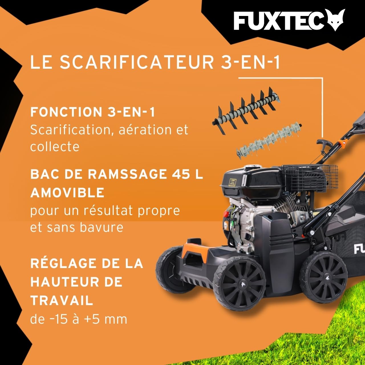 FUXTEC Scarificateur Aérateur Thermique 3en1 FX-BV240 Moteur 4 Temps 4,1kW Rouleau 18 Lames et 24 Griffes à Ressort Poignée de Transport et bac de ramassage de 45L