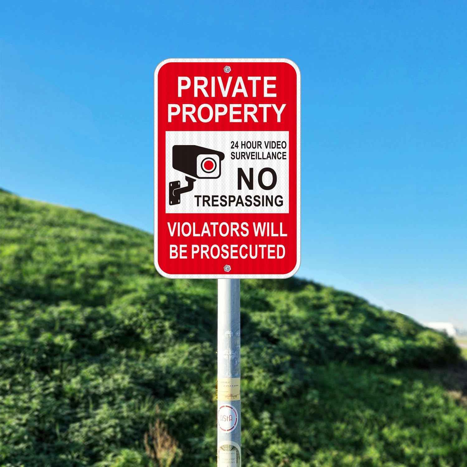 (4 Pack) Reflective Aluminum No Trespassing Signs Private Property, 18" x 12" Heavy-duty Metal Video Surveillance Sign Outdoor, Large Keep Out Violators Will Be Prosecuted, Rust-free, No Fade, Weatherproof, Easy to Mount