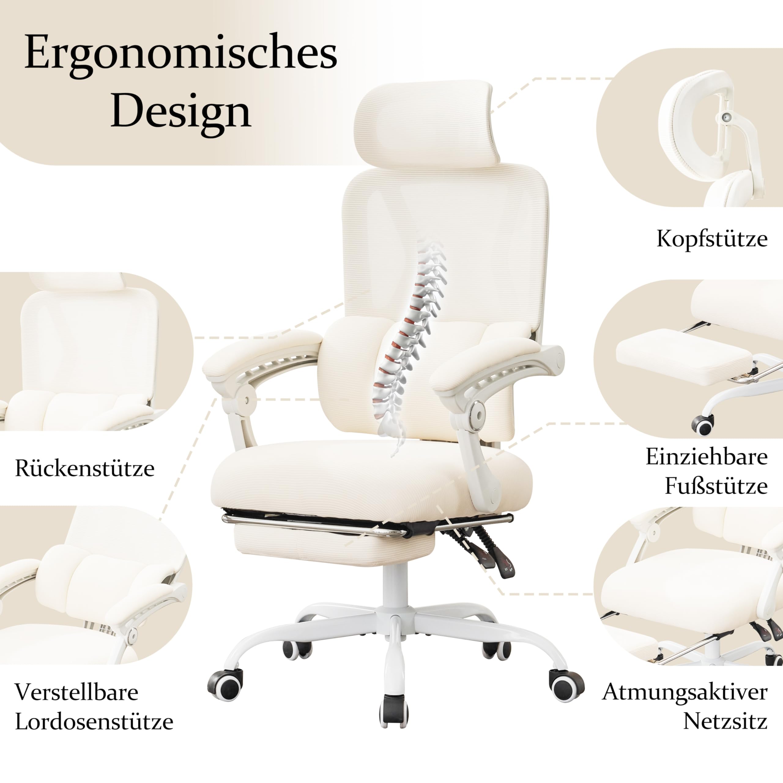 UEV Ergonomiczne krzesło biurowe z podnóżkiem, beżowe, krzesło do biura domowego, krzesło obrotowe, krzesło biurowe, nachylenie do 135°, regulacja wysokości, obciążenie do 150 kg, oddychający materiał