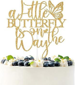 Gold Glitter A Little Butterfly is on the Way Cake Topper, Oh Baby/Welcome Baby, Spring Butterfly Themed Baby Shower Party Decorations Supplies for Baby Girls