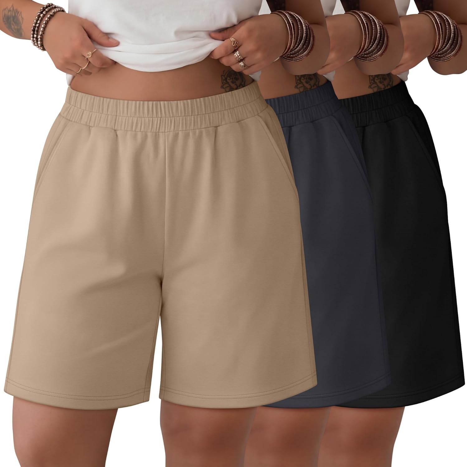 Evervibe 3 Pack Women Plus Size Bermuda Shorts Elastic High Waisted Casual Pants with Pockets Loose Summer Lightweight Shorts