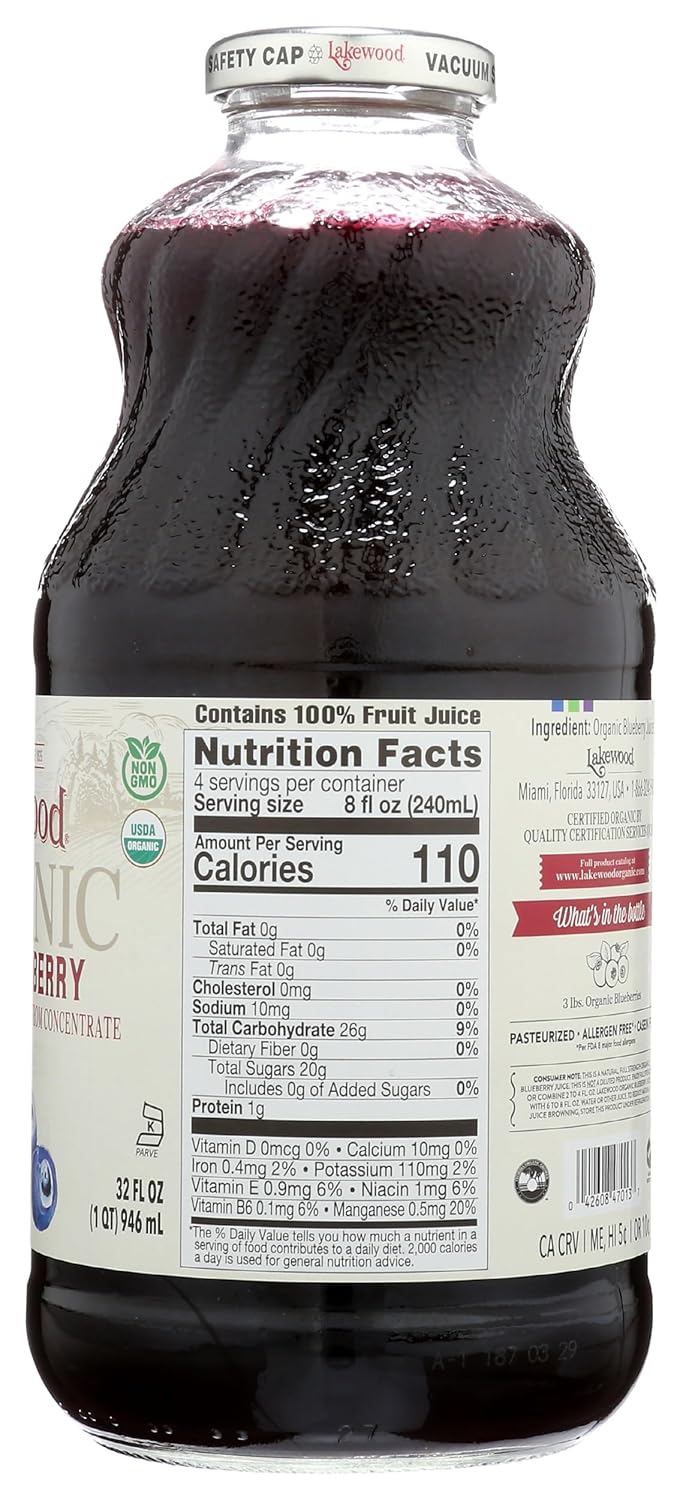 LAKEWOOD Organic Pure Juice, Blueberry, 32 FZ