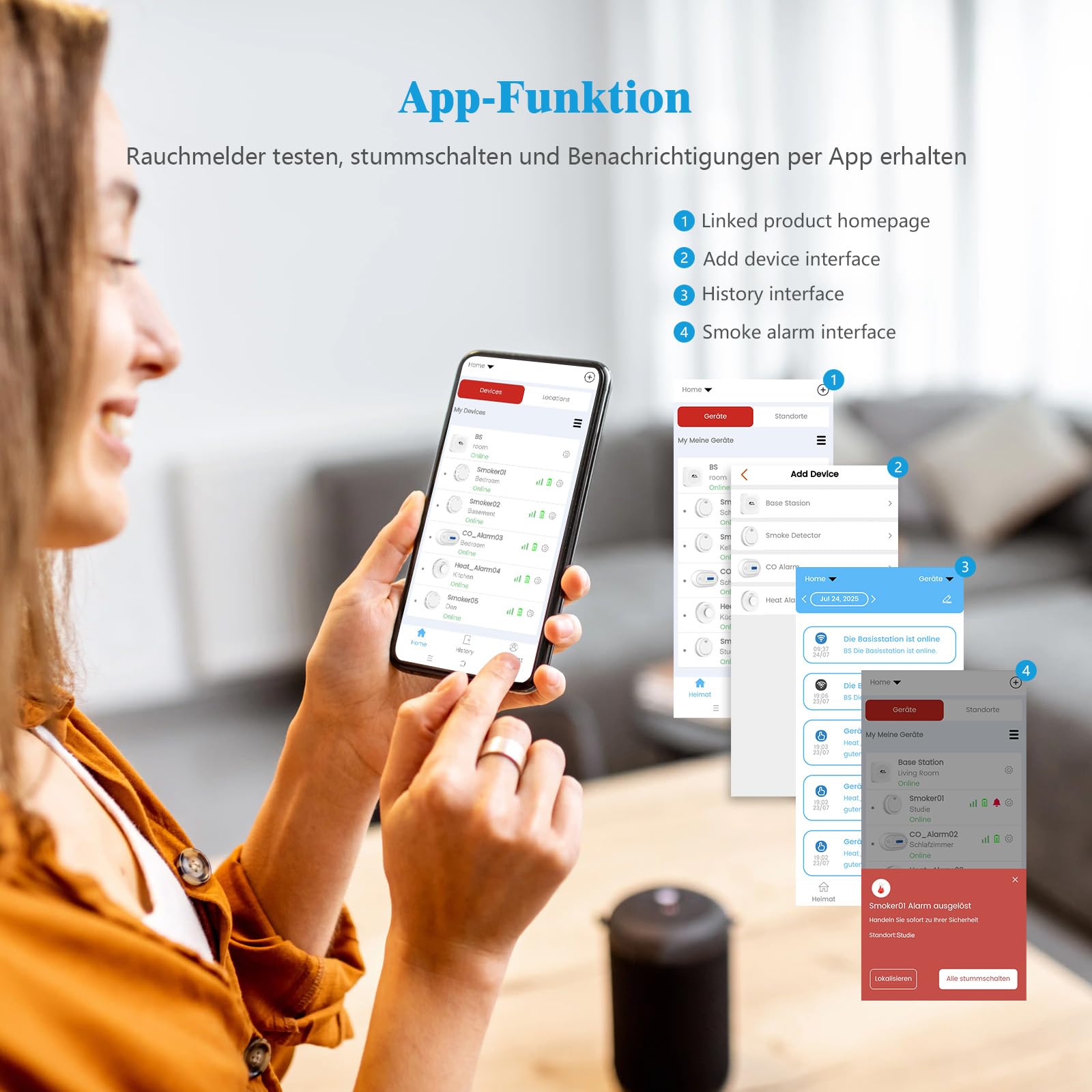 XINDUM 10 Jahre Rauchmelder mit Basisstation Smart Feueralarm 6 Set | TÜV-Rheinland zertifiziert nach EN 14604 Vernetzter Feuermelder mit austauschbarer Batterie kompatibel mit APP