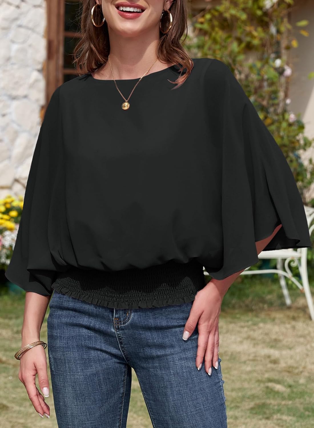 Dokotoo Womens Blouses Dressy Casual Boat Neck Flowy Chiffon Blouses Poncho Batwing Tops - Image 2