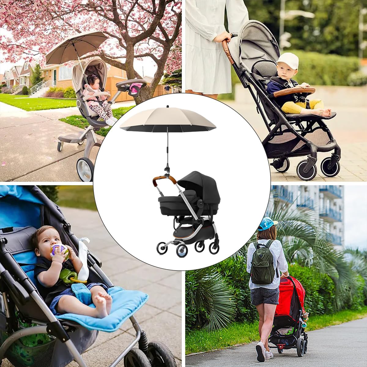Ombrelle Poussette Universelle Anti UV 50+ Diamètre 85 cm Parasol Réglable Beige