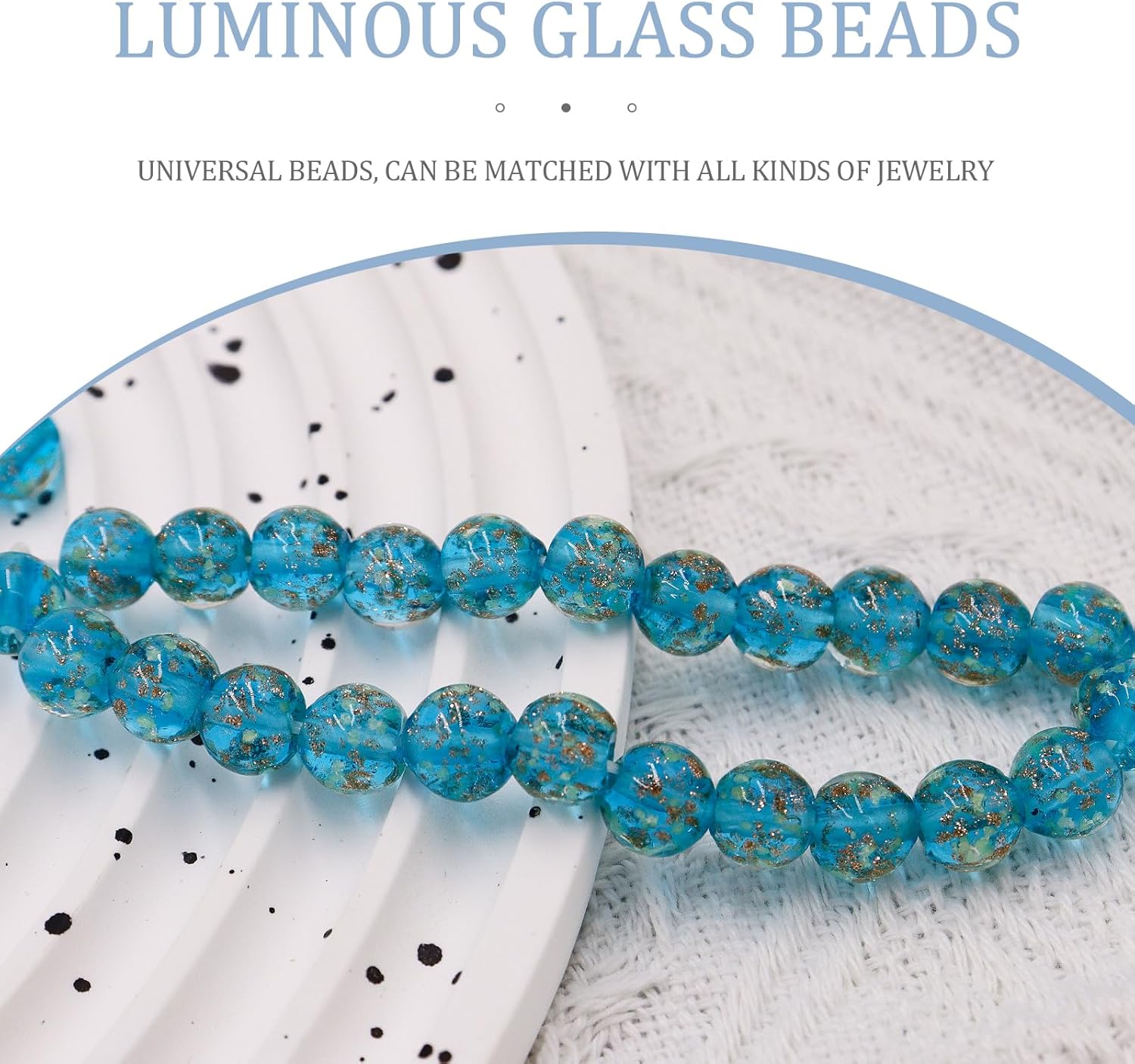 100Pcs Luminous Glass Beads Sky Blue 8mm Round Beads Glow Crystal Loose Beads with Rope for DIY Craft Bracelet Jewelry