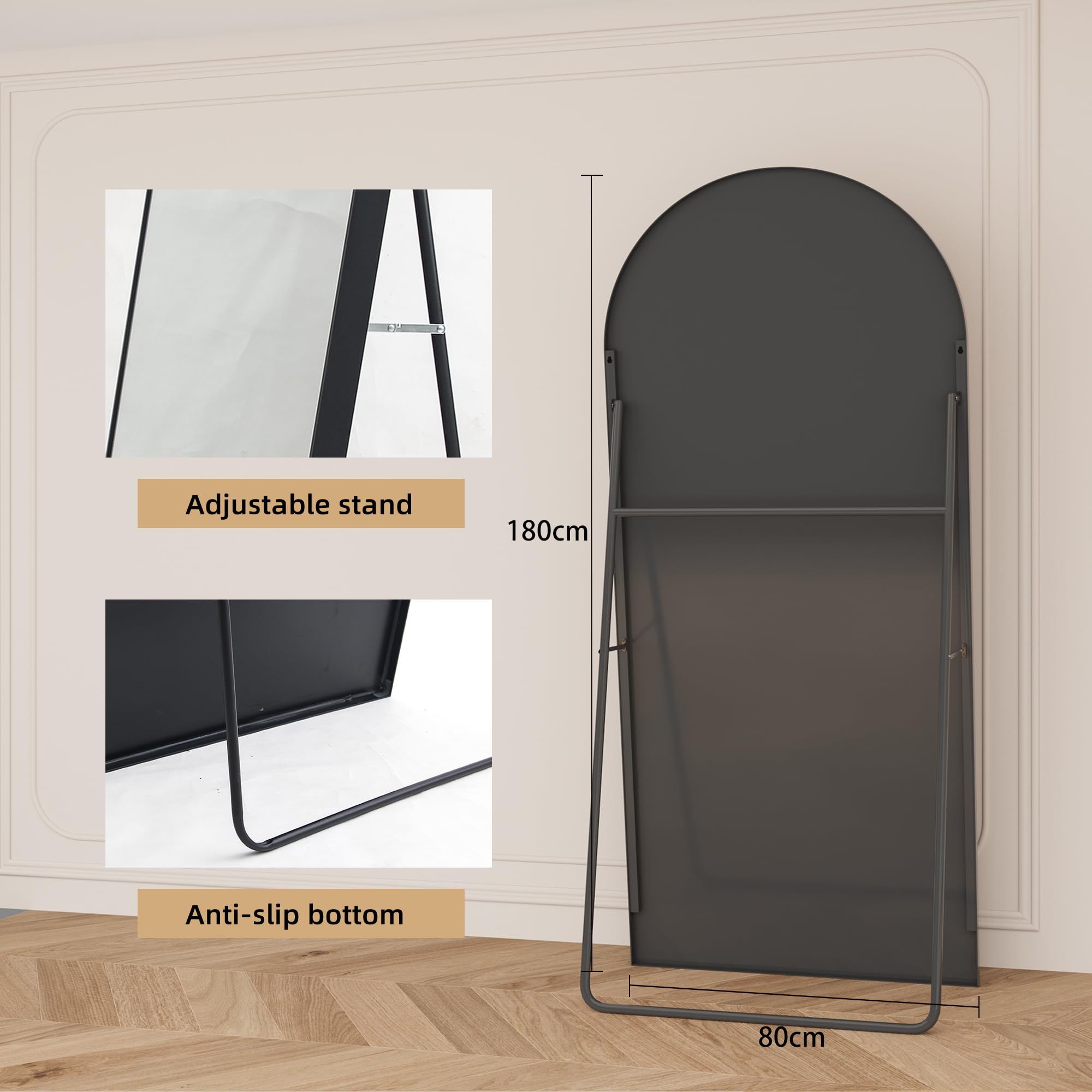 BEAUTYPEAK 173 x 61 cm boog full-body spiegel, zwart gebogen staande spiegel, groot in volledige lengte, aan de muur gemonteerd, leunend, vloerspiegel, volledig lichaam als aankleedspiegel voor