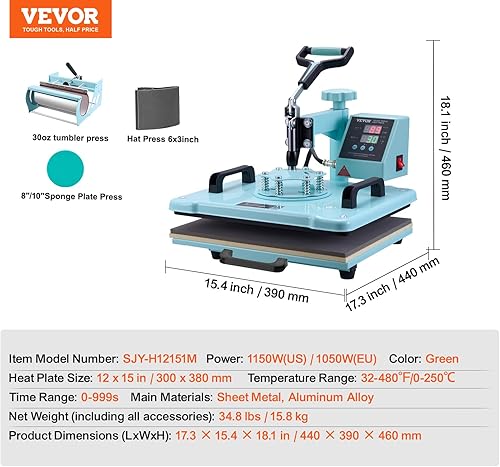 Miniatura 7 de VEVOR Máquina de prensa de calor, 12 x 15 pulgadas, máquina de transferencia de calor 5 en 1 con prensa de vaso de 30 onzas, prensado de camisetas