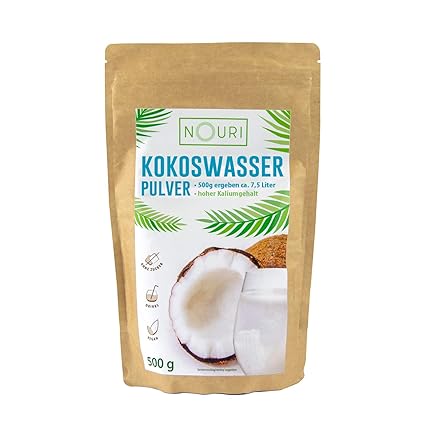 Nouri 100 Kokoswasser Pulver 500 G Ergibt Ca 7 5 Liter Kokoswasser Hoher Kaliumgehalt Ohne Zusatze Gefriergetrocknet Vegan Vielseitig Anwendbar Gute Co2 Bilanz Amazon De Lebensmittel Getranke