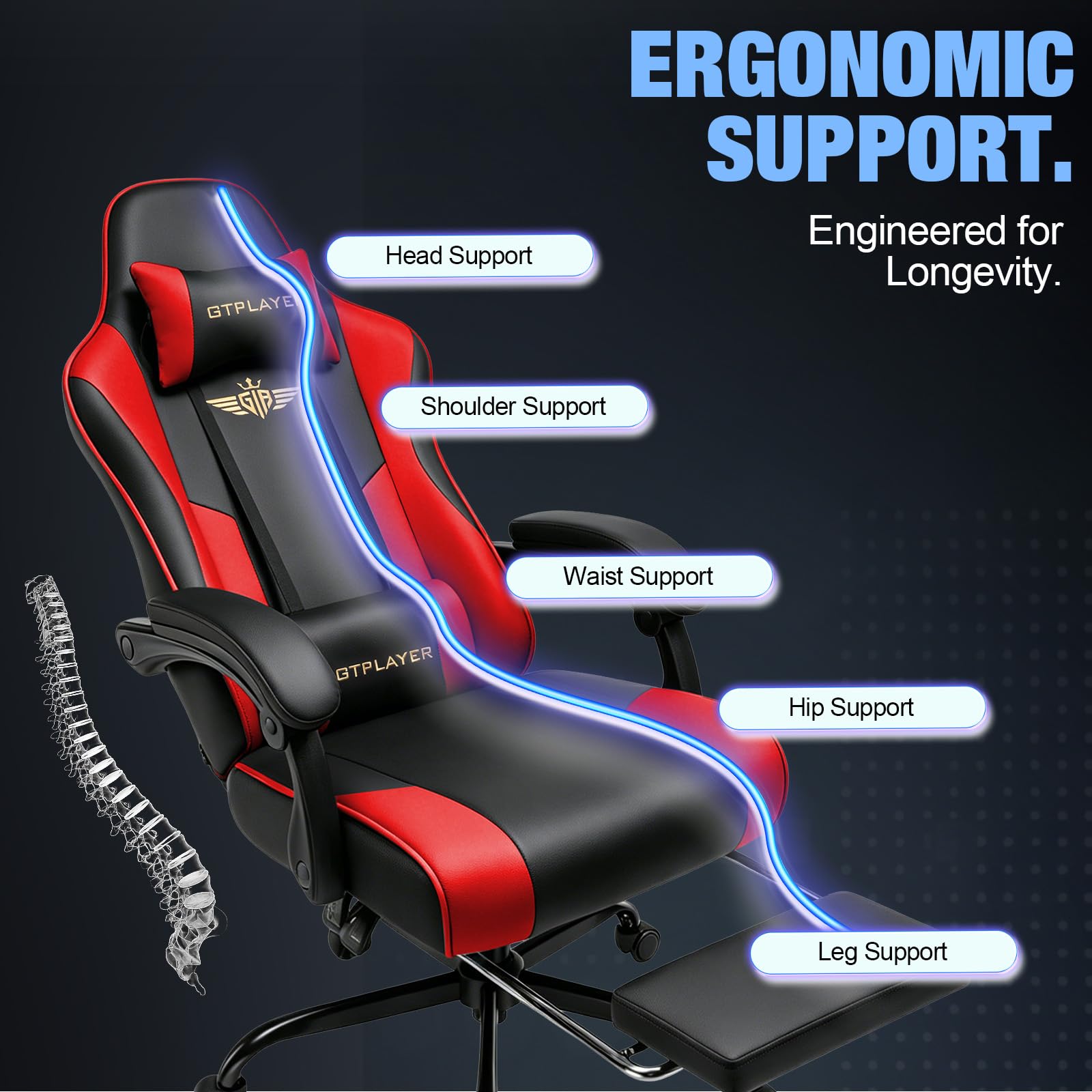 GTPLAYER Gaming Chair for Adults Computer Chairs with Footrest Headrest and Lumbar Support Ergonomic Height Adjustable Reclining PC Chair - Image 4
