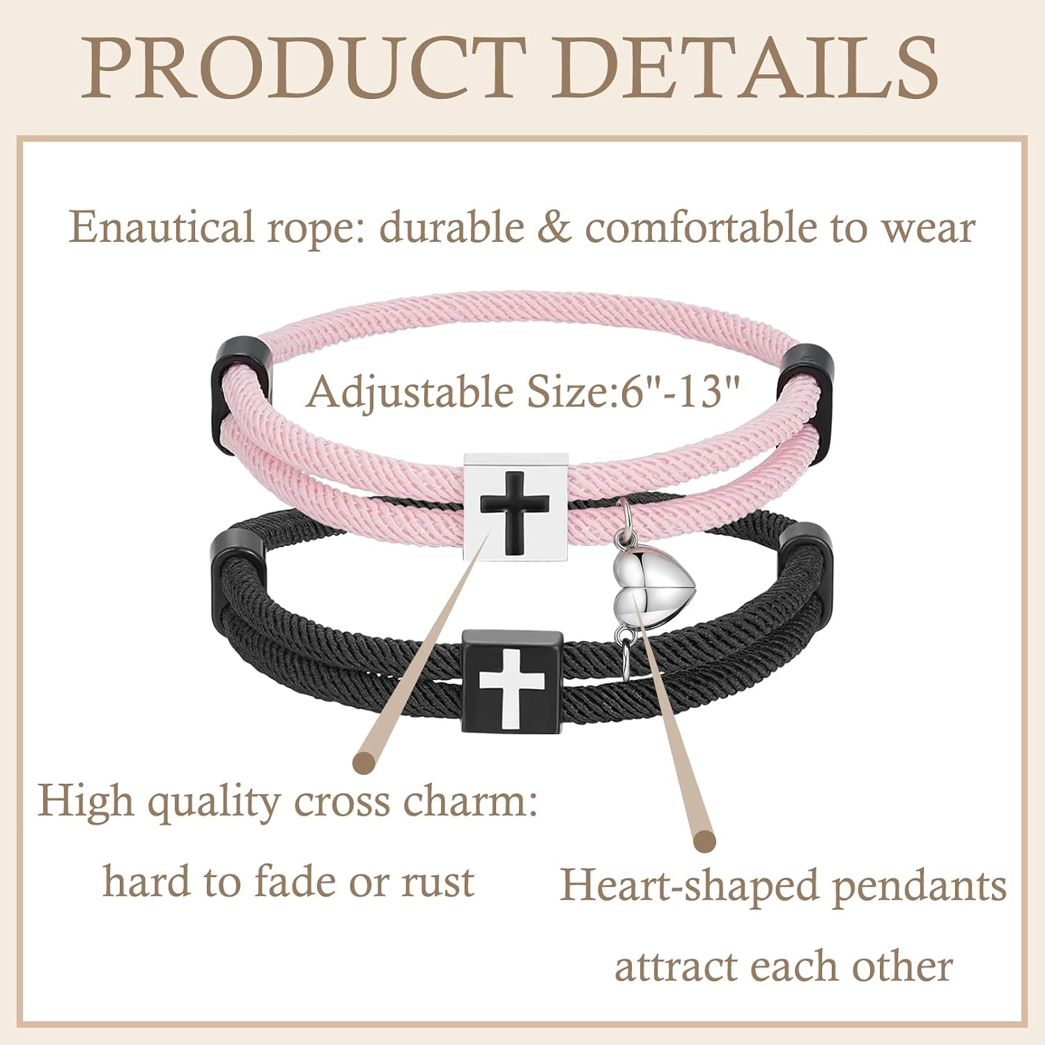 2 PCS Braided Cross Matching Bracelet, Adjustable Rope Heart Shaped Charm Cross Bracelet for Boys&Girls, Perfect Long Distance Relationship Gifts for Back to School Birthday Valentines Day Christmas