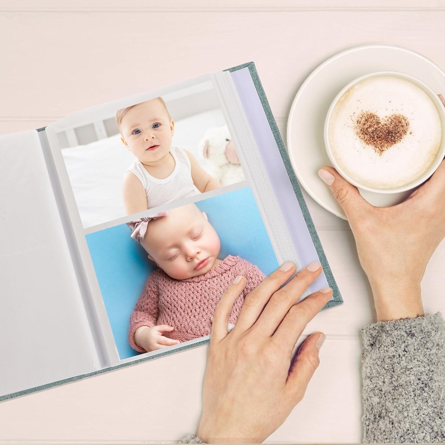 Photo Album Scrapbook with 200 Pages, 6-inch Insert Type Keepsake Book with Green Cover and White Inner Pages, DIY Handmade Picture Book for Family Growth Records