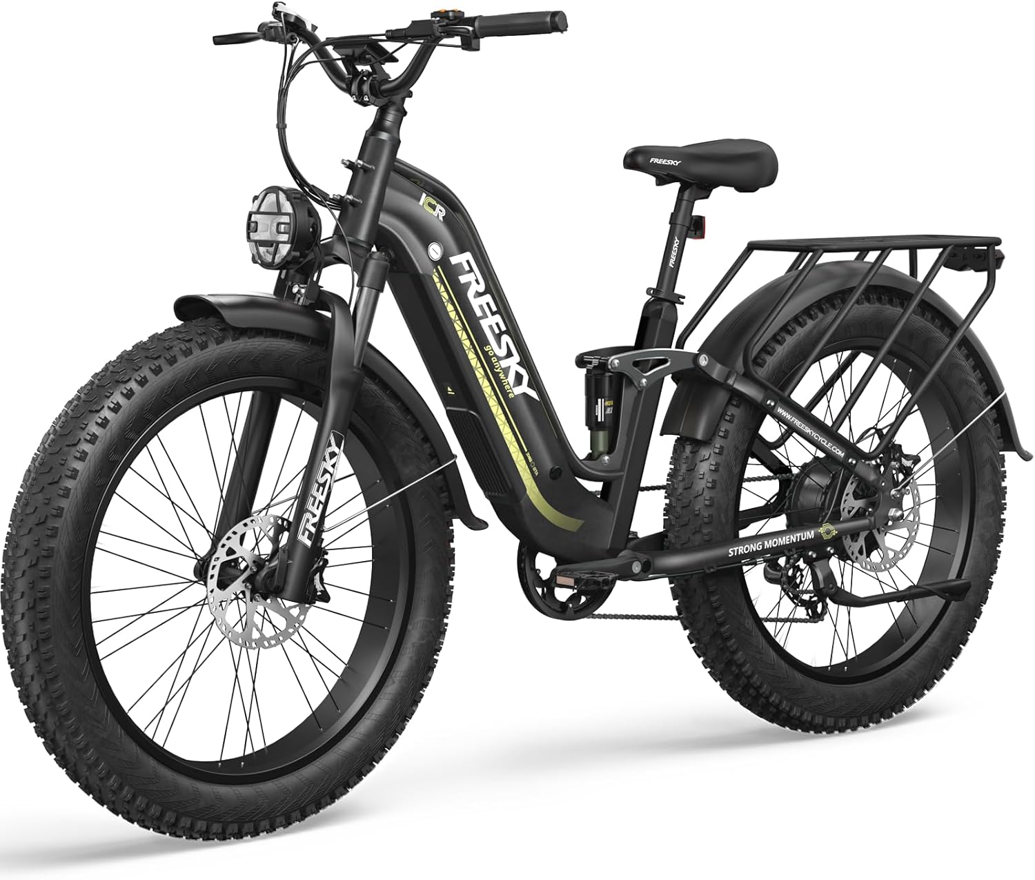 FREESKY Electric Bike for Adults, 105Miles Long Range Ebike, 25A Battery, 35MPH & 1600W Step-Thru 26'' Fat Tire Full Suspension E Bike for Mountains Commute Beach Snow Womens/Man