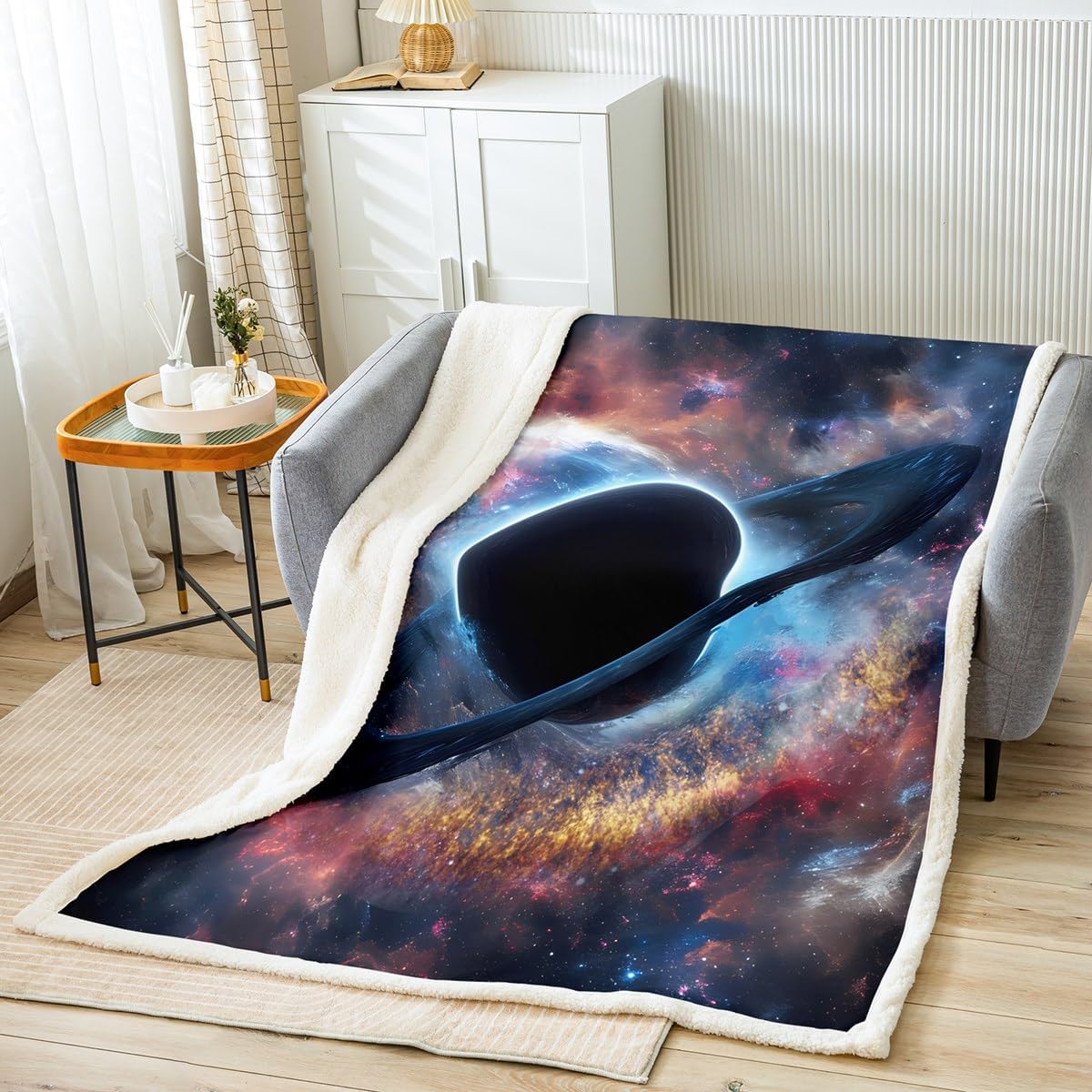 Galaxy Sherpa Blanket Black Hole Plush Blanket Chic Colorful Starry Sky Fleece Throw Blanket for Sofa Couch Bed Sci-fi Style Warm Fuzzy Blanket Ultra Soft Room Decor Throw 50"x60"