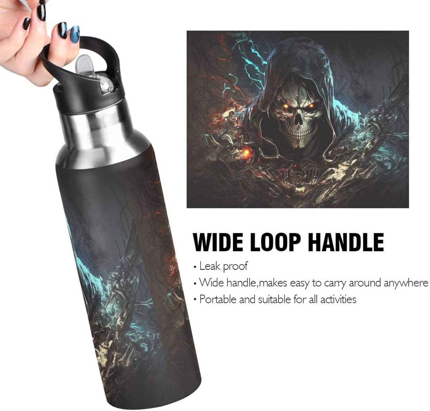Vnurnrn Sports Water Bottle with Lid Straw Insulated, 20 OZ Stainless Steel BPA Free Leak Proof Sports Mug-Dark Skull