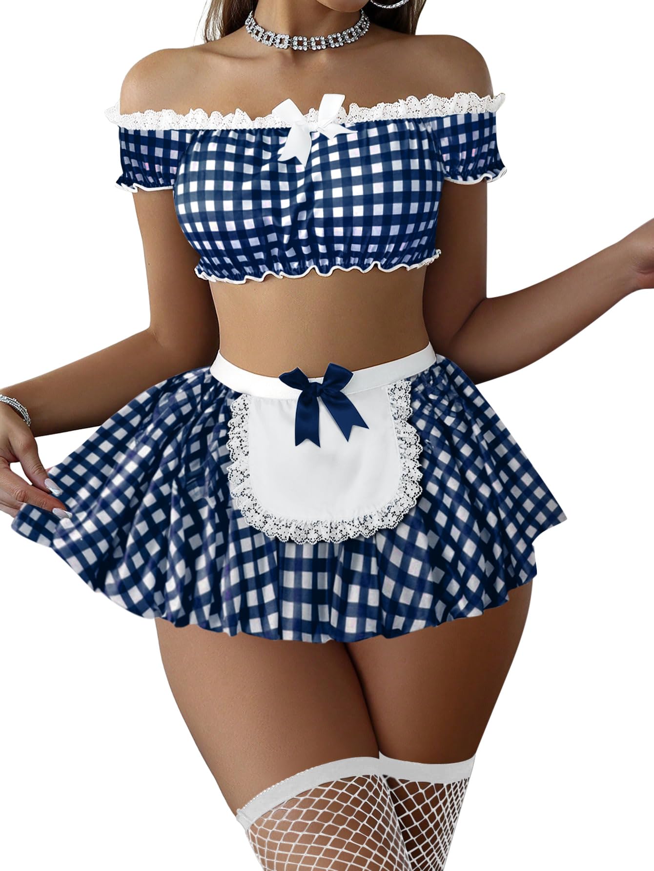 Foxiny Sexy Stockings Mini Skirt Mesh Sheer Lace Halloween Costume Maid Outfit Lingerie with Thong Set 4 Piece: Small Checkered Blue