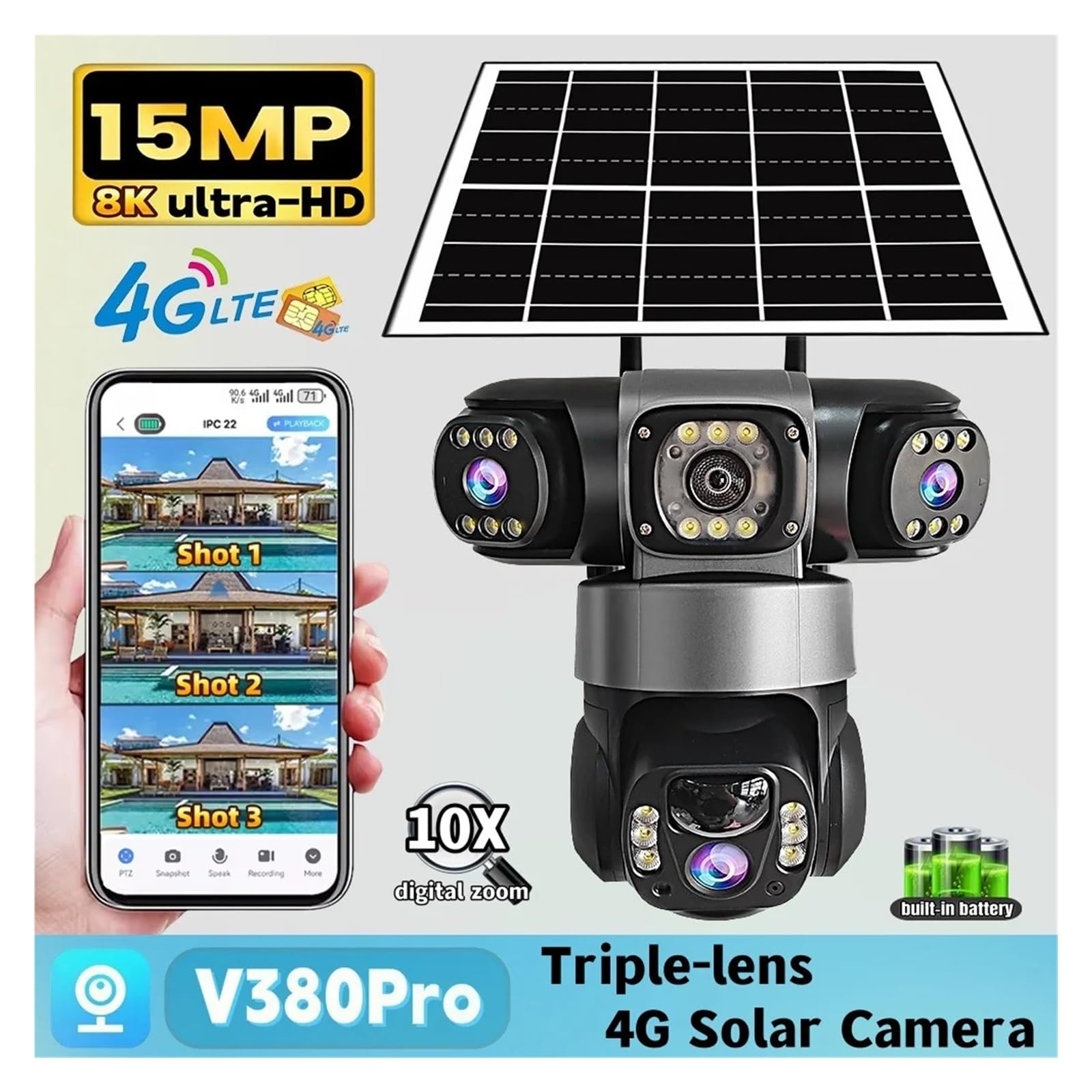 4G V380 15MP ソーラー防犯カメラ V380 Pro 15MP Câmera Solar Externa Lente Tripla Segurança 4G