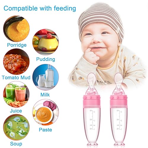 Miniatura 3 de 2 cucharas de silicona para bebés, cuchara de alimentación para bebés con base de pie para bebés de 0 a 24 meses, dispensación y alimentación (rosa)