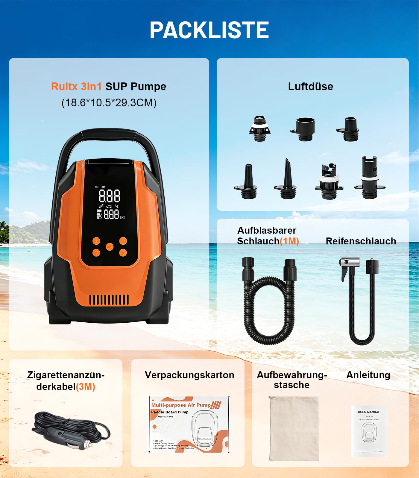 SUP Pumpe Elektrisch, 50PSI 3in1 Elektrische SUP Luftpumpe 12V DC Autoanschluss mit Inflation Auto-Off/Ausgasungsfunktion/LED, für Paddel/Kajaks/Autoreifen/Boote/Zelt Usw