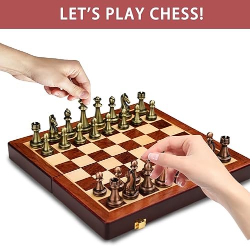 Miniatura 4 de Juego de ajedrez de metal retro de 12 pulgadas para adultos y niños, tablero de ajedrez de madera con piezas de ajedrez de metal, juego de ajedrez