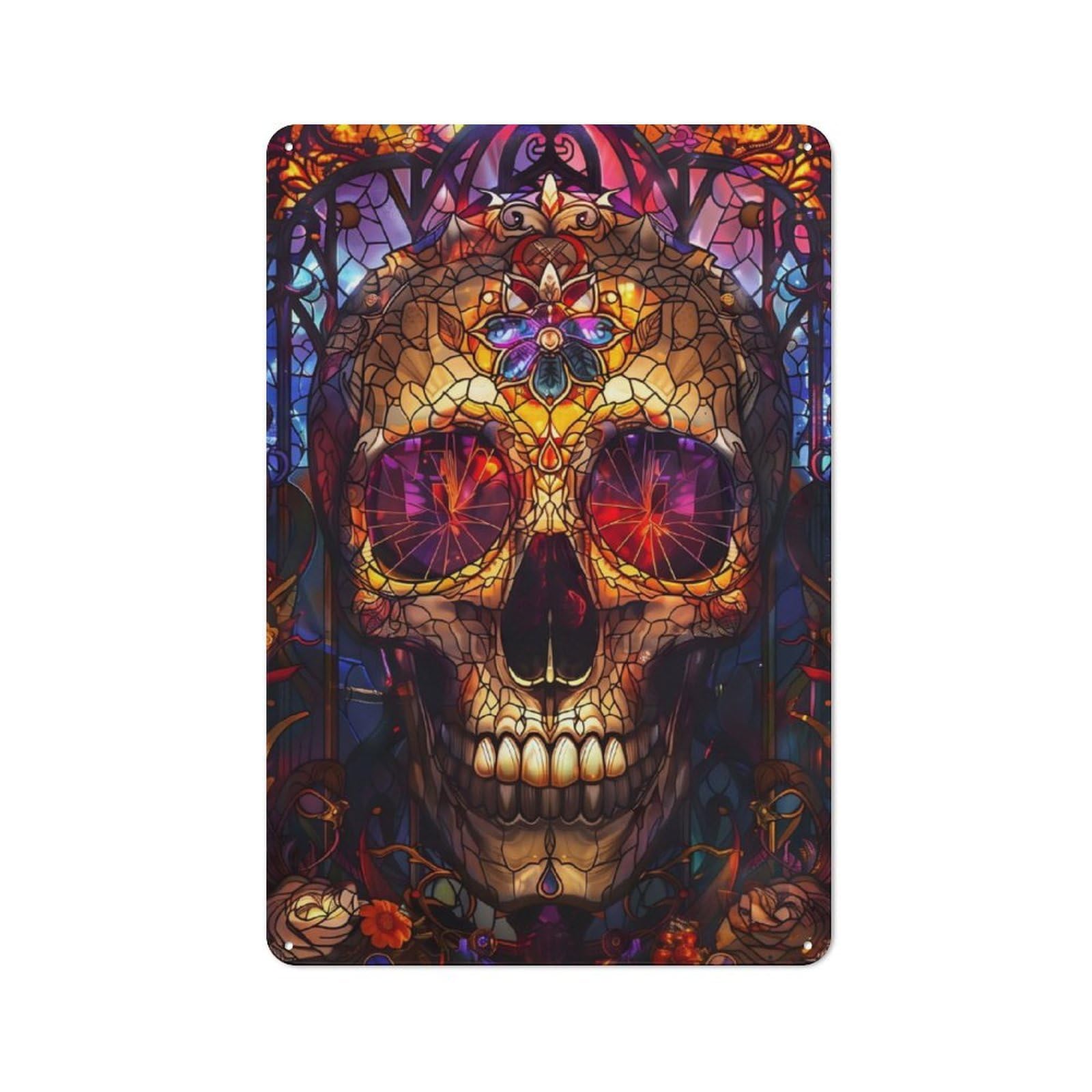 Junmoney Skull Stained Glass Vintage Metal Plaque 30X20cm Featuring For Garage Wall, For People Furnishing A Garage