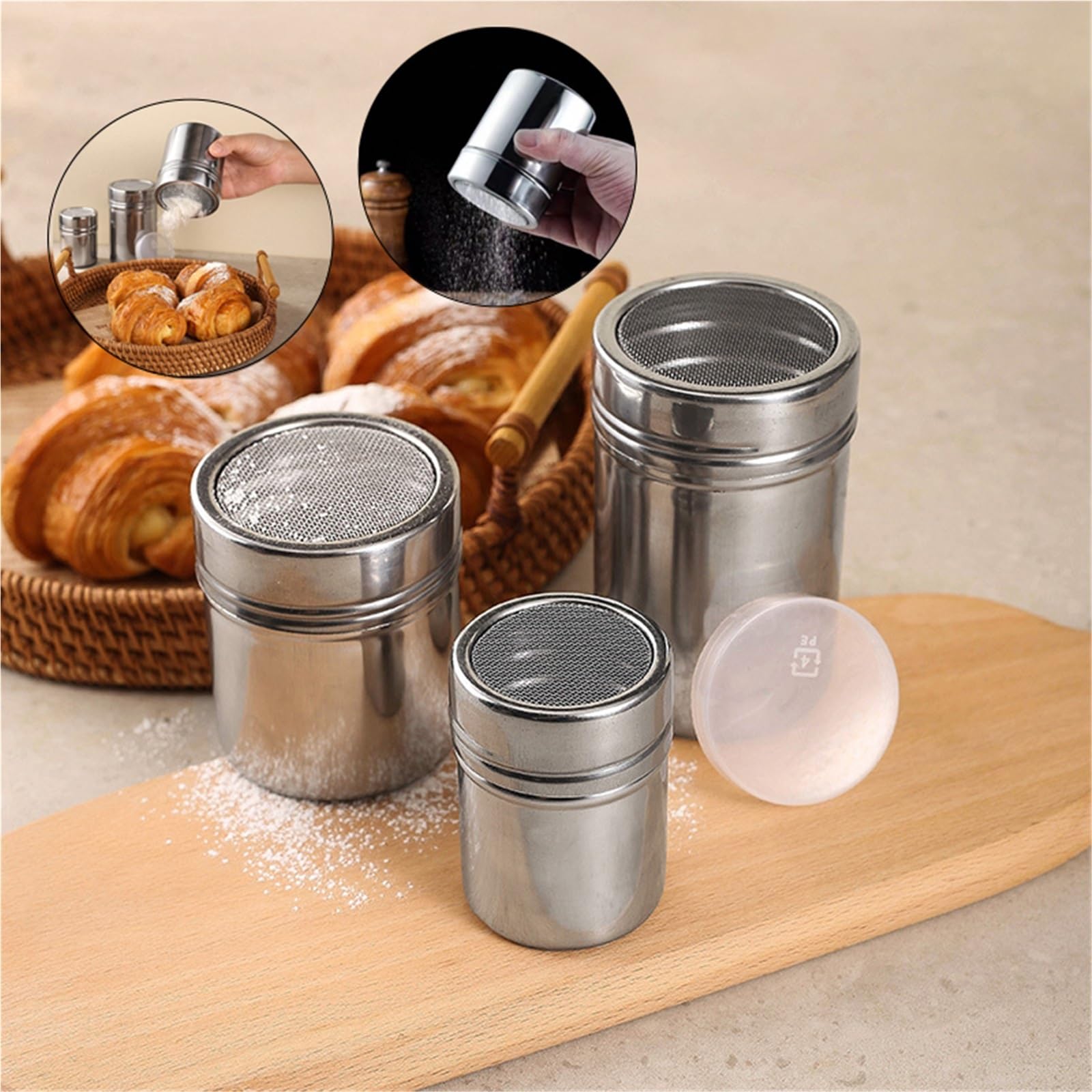 Coctelera de café Acero Inoxidable 3 Piezas para Casa | Filtros de tamiz de azúcar, espray de espuma, cocina, pastel, barbacoa, KitchTools con tapa(L)
