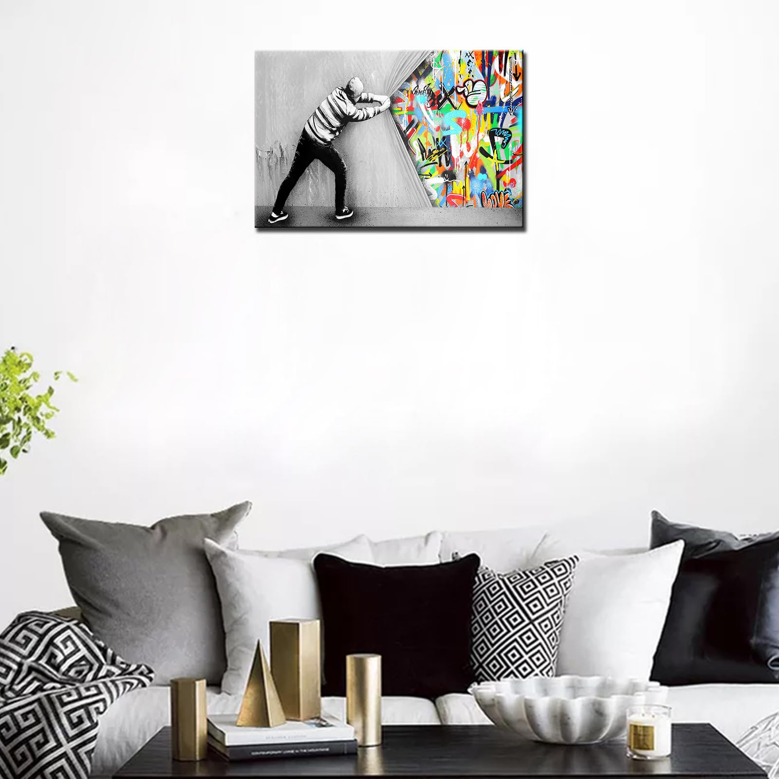 Graffiti Street Wall Art Banksy Art Paintings Doodle Pictures Behind the Curtain Artwork for Living Room 1 Panels Print Canvas House Decor Framed Gallery-Wrapped Ready to Hang(24''W x 16''H) - Image 2
