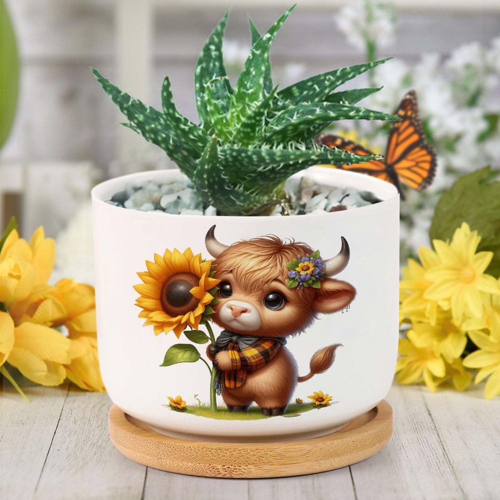 DreamAutumn Easter Highland Cow Planter Ceramic Round Plant Pots with Drainage Holes and Bamboo Tray Planting Small Flower Pots for Home Windowsill