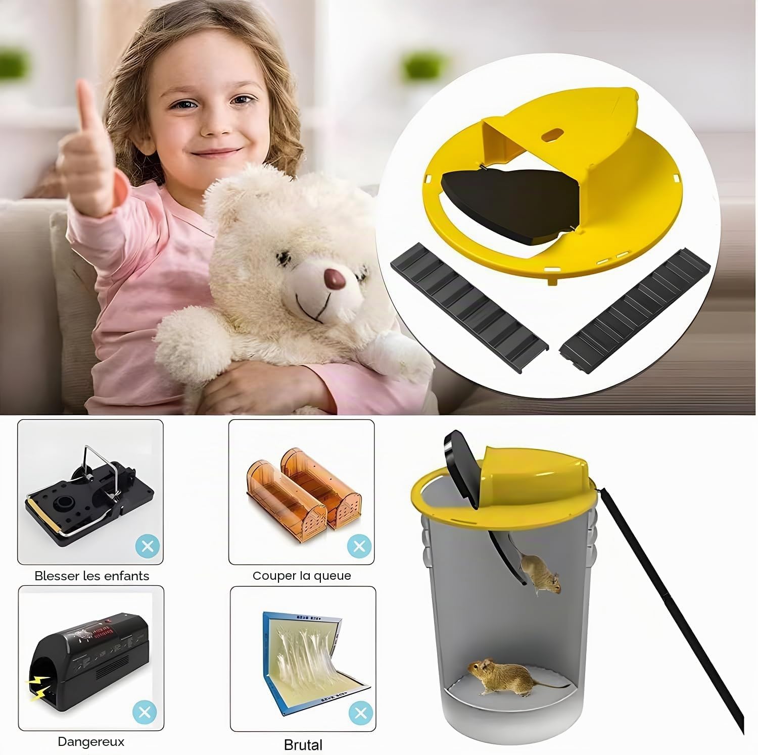 Couvercle de Fût Jaune Compatible avec Seau de 5 Gallons Piege a Souris, piege a Rat Vivante en Plastique pour Attraper Souris Simultanément, piège à Souris Utilisation Intérieure et Extérieure（3PC