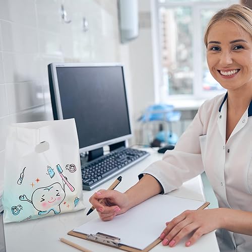 Miniatura 13 de Jetec 200 bolsas de plástico dentales de 8.18 x 9.25 pulgadas, mercancía para el cuidado del paciente, bolsas de regalo de plástico dental con asas