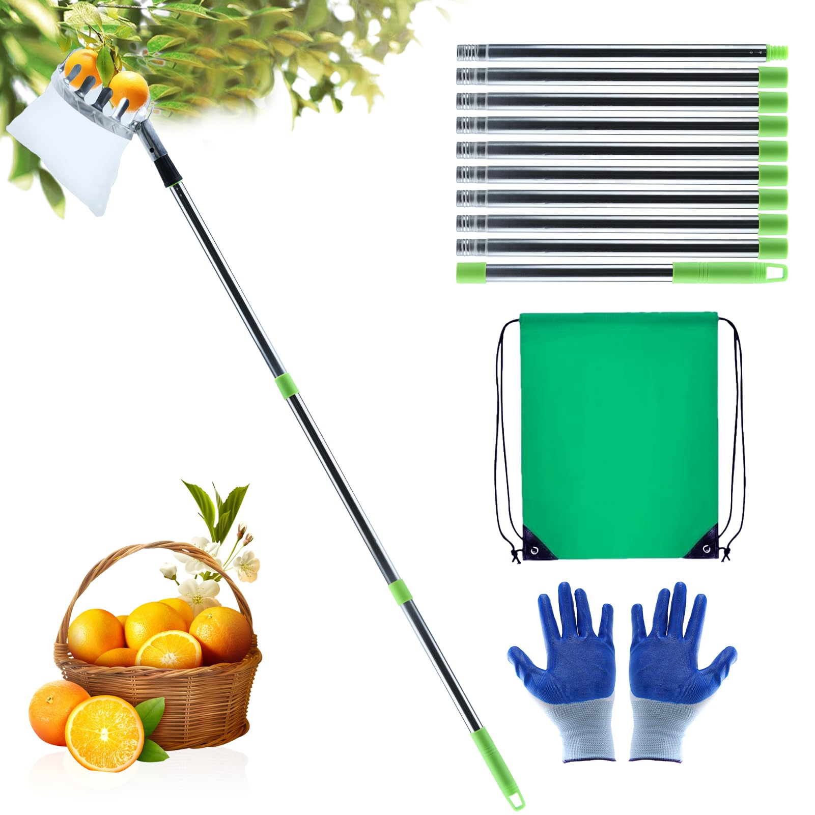 Recogedor Frutas Telescopico, 3.9M Recogedor de Frutas con Varillas de Extensión, Recoge Frutas de árboles con Bolsa de Algodón, Frutas Herramientas Recolectoras para Manzanas, Naranjas, Peras
