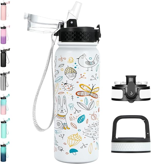 Metal Water Bottles with Straw & Filter 600ML 3D Painting Drink Flask Sports Vacuum Stainless Steel Bottle for School BPA Free Thermal Leakproof Water Bottle for Hot Cold Drinks(White Animals)