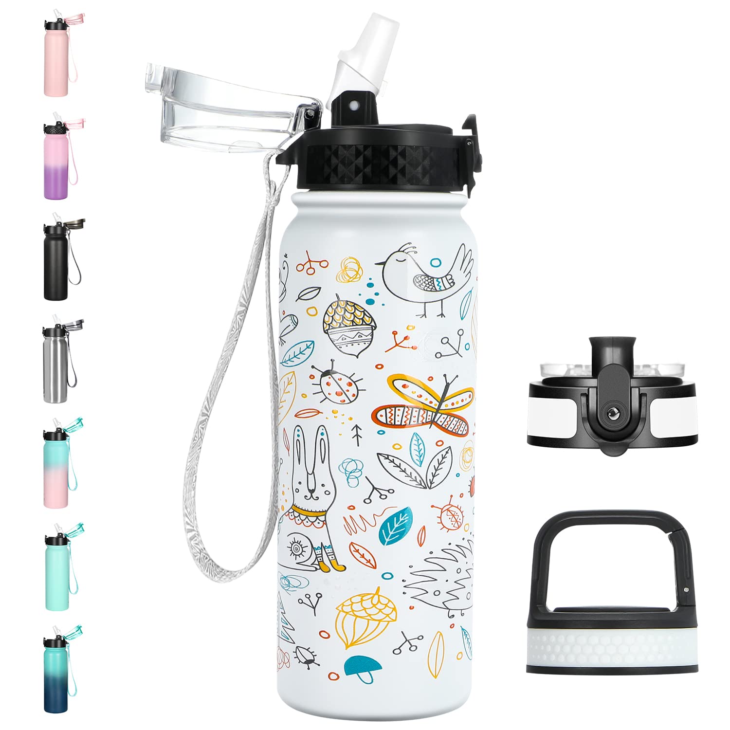 GOPPUS 600ml/20oz Stainless Water Bottle with Straw Double Wall Insulated Bottles with Strap One Hand Open Vacuum Thermal Flask Leakproof Keep Cold Bottles with Flip Top Lid BPA Free (White Animal)
