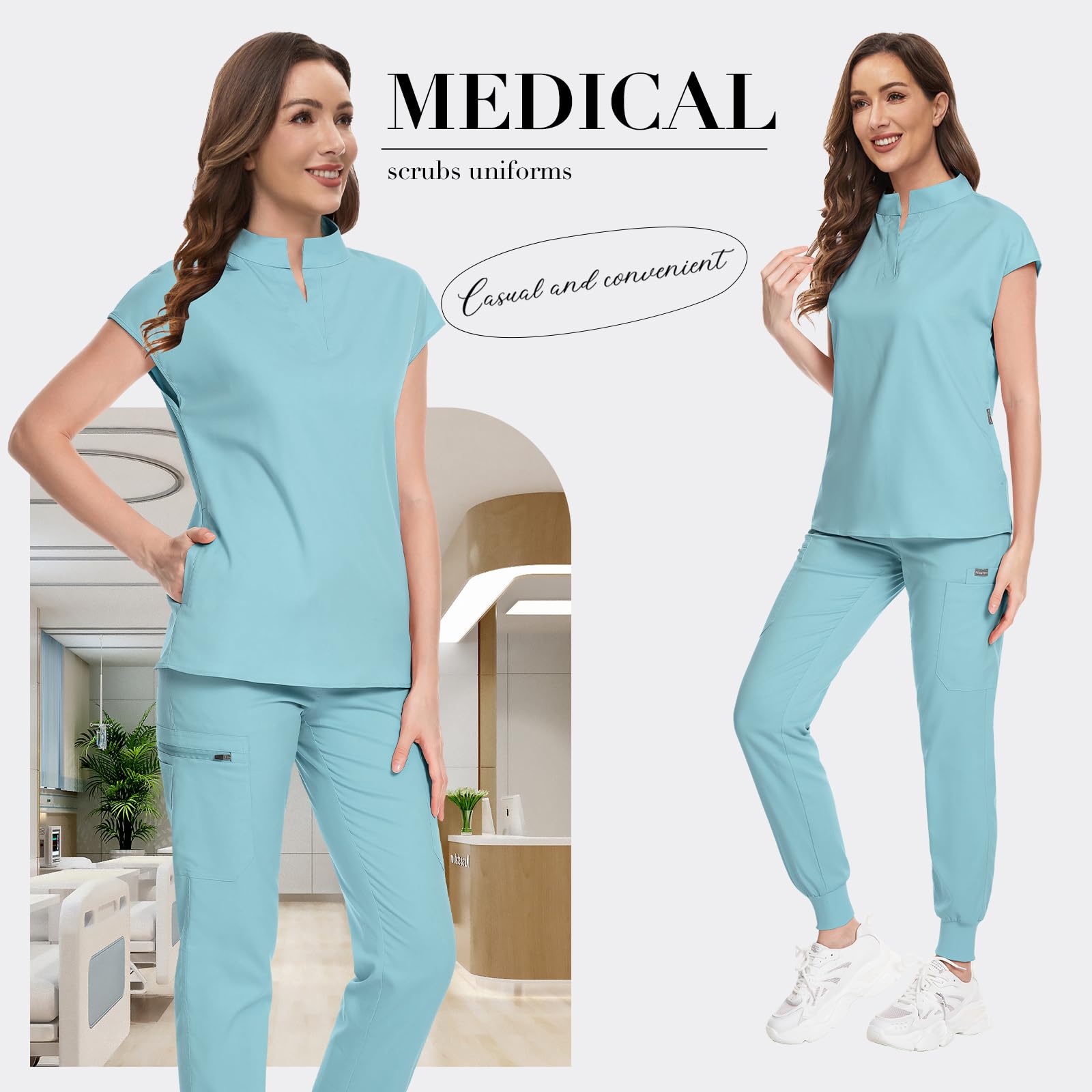 VAOLI Womens Scrub Set Scrub Top and Jogging Pants Scrub Uniforms for Women Set Stretch Nursing Uniform (Light Blue,M,Medium)