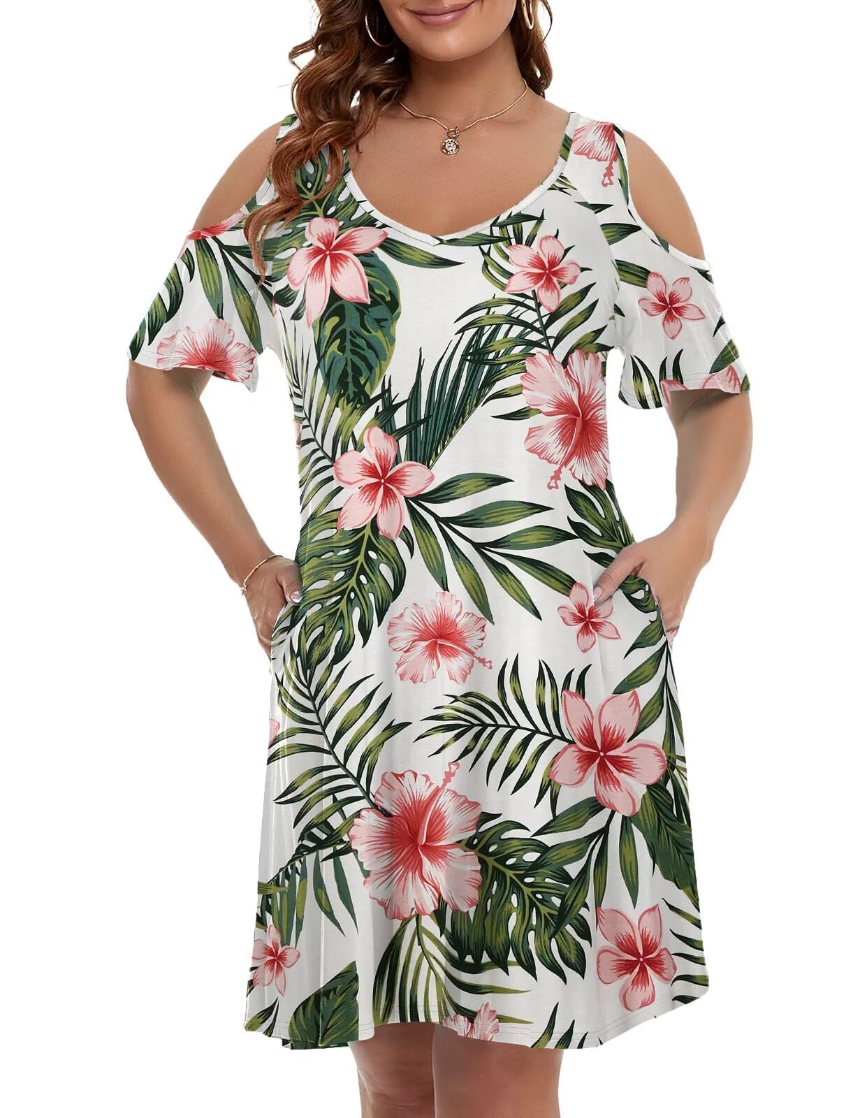 JollieLovin Womens Plus Size Short Sleeve Cold Shoulder V Neck T-Shirt Dress with Pockets